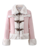 Pink Suede Butterfly Horn Button Faux Fur Winter Coat