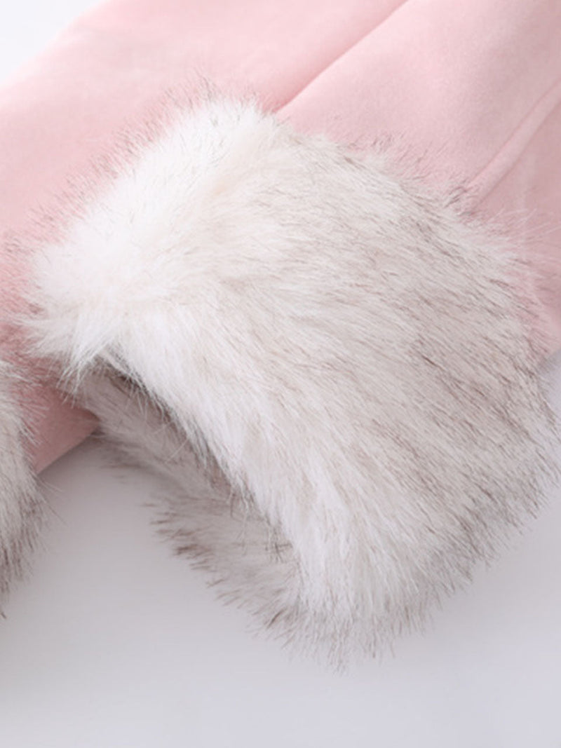 Pink Suede Butterfly Horn Button Faux Fur Winter Coat