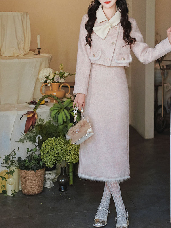 2PS Pink Turn Down Collar Long Sleeve Wool Coat With Skirt Suit