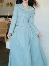 2PS Lake Blue Sailor Collar Tweed Coat With Swing Skirt 1950S Vintage Audrey Hepburn's Style Outfits