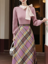 2PS Purple Bow Warm Sweater And Plaid A-line Skirt