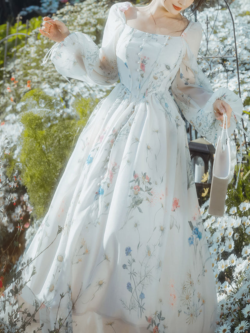 White Square Collar Lace Floral Print Long Sleeve Vintage 1950S Dress