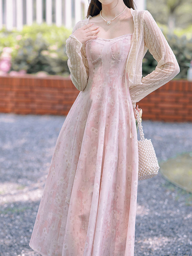 Pink Spaghetti Strap Sleeve 1950S Vintage Dress With Lace Cape