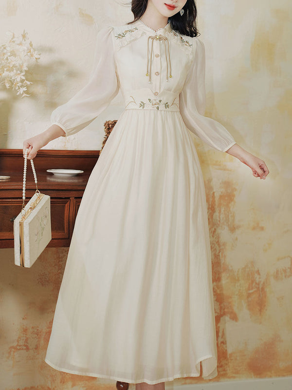 Apricot Embroidered Long Sleeve Vintage Dress with Belt