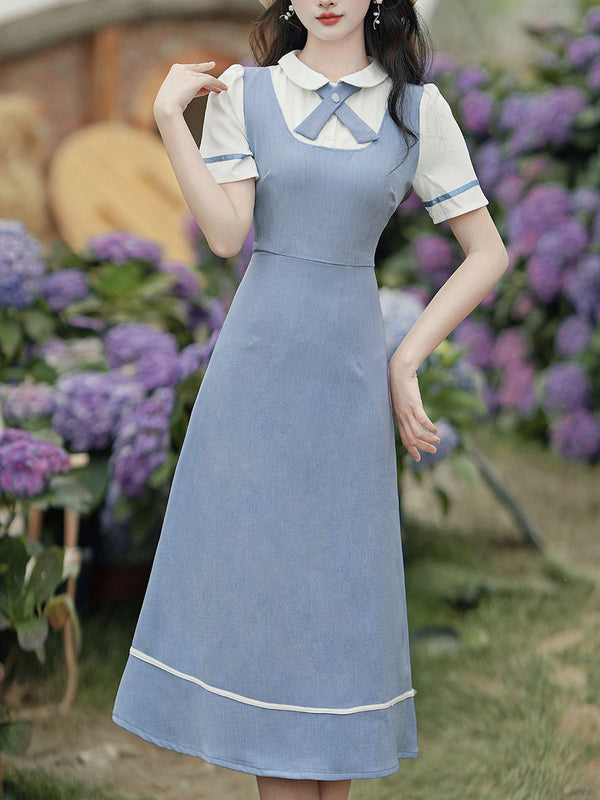 Blue Peter Pan Collar Puff Sleeve Preppy Dress