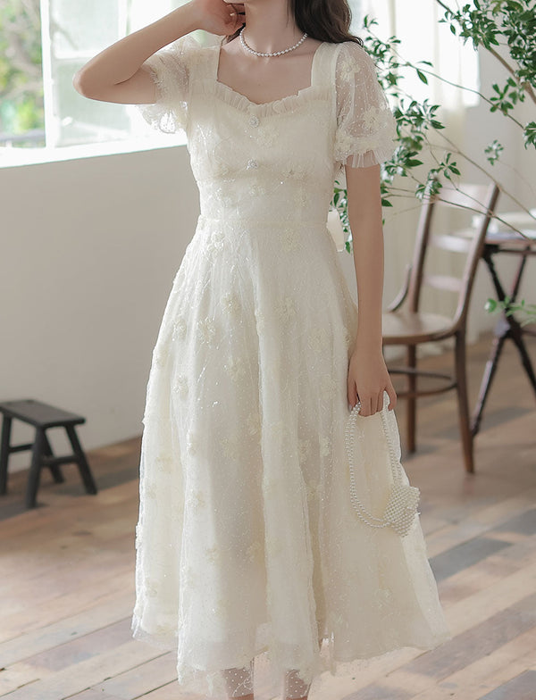 White Flower Sequined Puff Short Sleeve Princess Vintage Dress