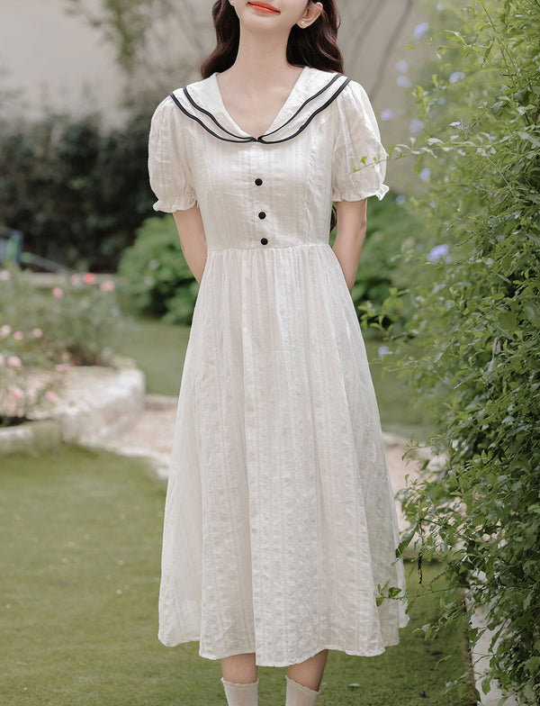 White Sailor Style 1950S Vintage Cotton Dress