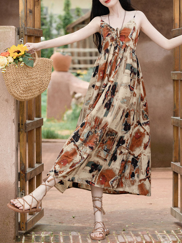 2PS Brown Spaghetti Strap Tropical Pattern Holiday  Dress With White Long Sleeve Cardigan