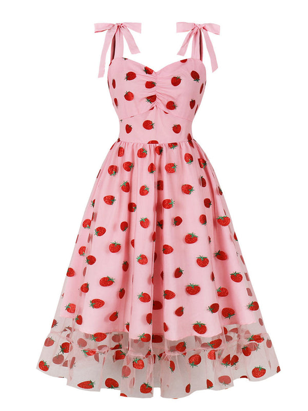 Pink Strawberry Embroidered 1950s Vintage Swing Dress