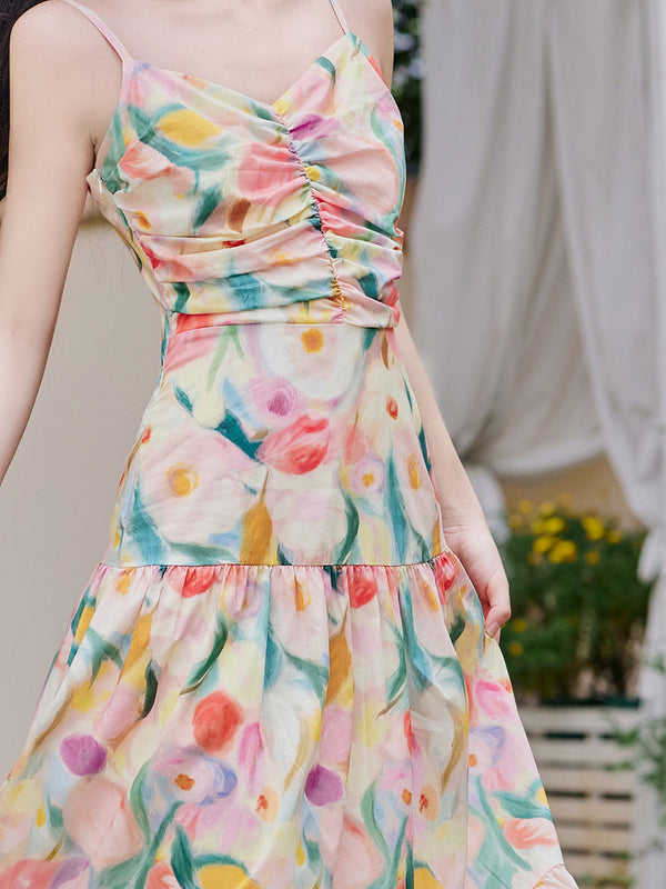 Rainbow Tulips Spaghetti Strap Vintage Swing Holiday Maxi Dress