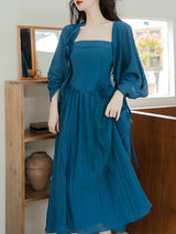 Blue Handmade Rose Spaghetti Strap Maxi Dress Prom Dress With Cardigan