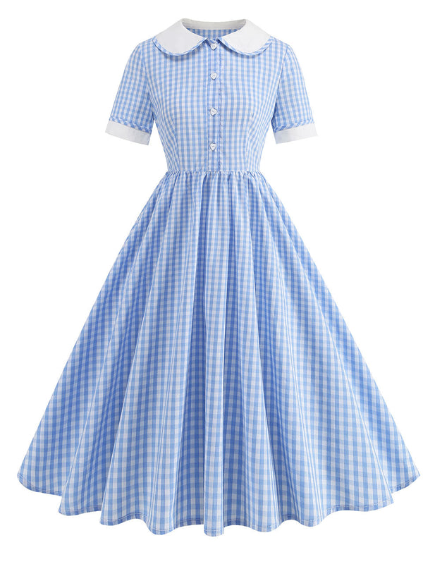 Pink Peter Pan Collar Plaid Short Sleeve 1950S Vintage Swing Dress