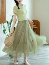 2PS Green Knitted Sweater And Swing Mesh Fairy Skirt Dress Set