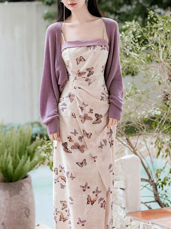 2PS Purple Butterfly Print Spaghetti Strap Dress With Shawl Dress Suit