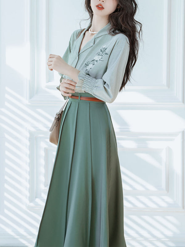 2PS Green V Neck Long Sleeve Shirt And  Swing Skirt 1950S Dresss Set