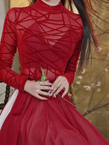 Red Romantic Ruffle Long Sleeve Vintage Maxi Swing Dress Prom Dress