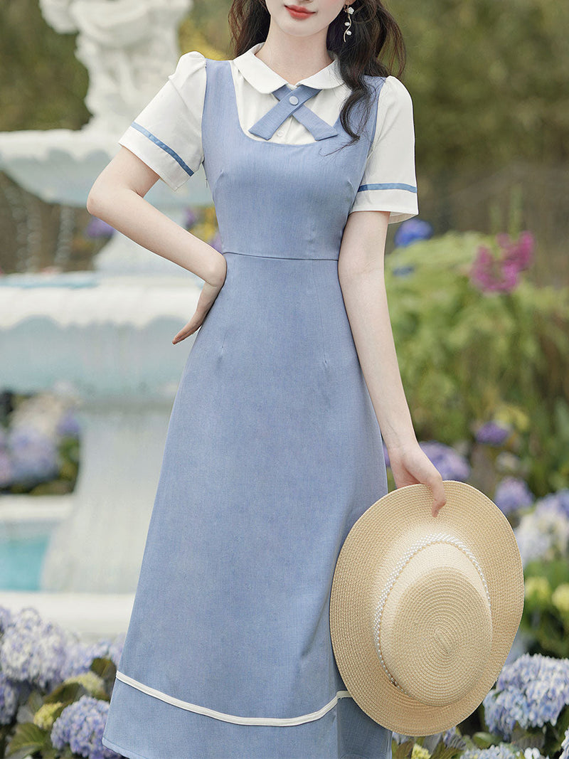 Blue Peter Pan Collar Puff Sleeve Preppy Dress