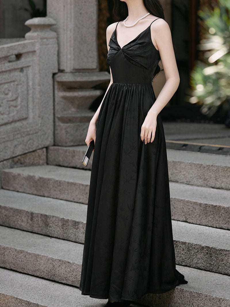 Black Suspender Deep V-neck Satin Backless Maxi Dress Prom Dress With Cape