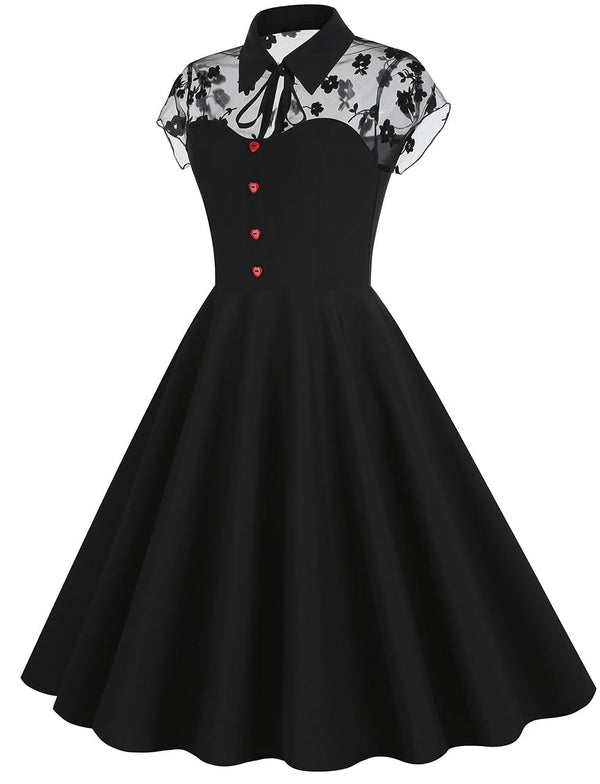 Black Peter Pan Semi Mesh Flower Short Sleeve 50S Swing Dress