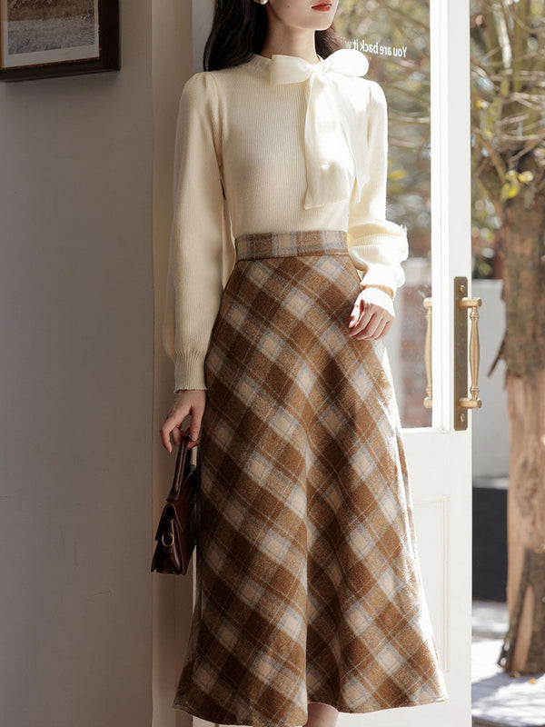 2PS White Bow Warm Sweater And Brown Plaid A-line Skirt