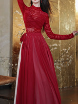 Red Romantic Ruffle Long Sleeve Vintage Maxi Swing Dress Prom Dress