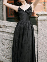 Black Suspender Deep V-neck Satin Backless Maxi Dress Prom Dress With Cape