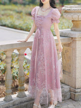 Pink Embroidered Square Neck Puff Sleeve Vintage Lace Up Dress