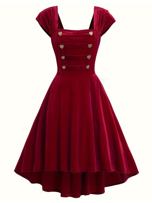 Burgundy Love Heart Gold Button 1950S Vintage Dress