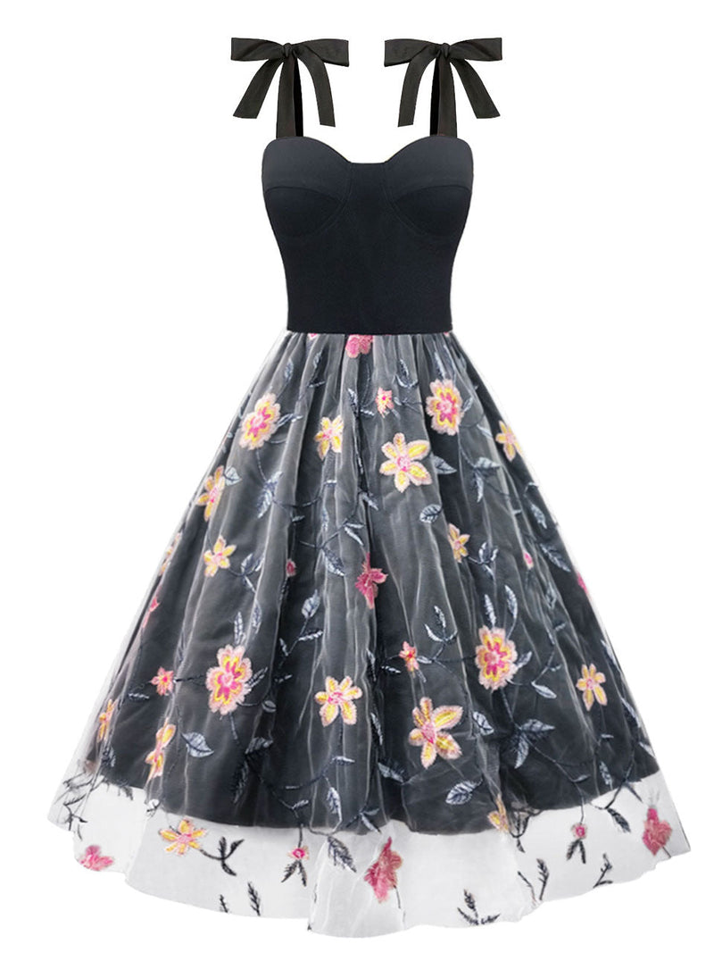 Black Floral Strap Lace 1950s Vintage Swing Dress