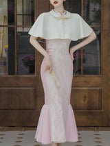 Pink Cheongsam Fishtail Maxi Dress Prom Dress With White Cape