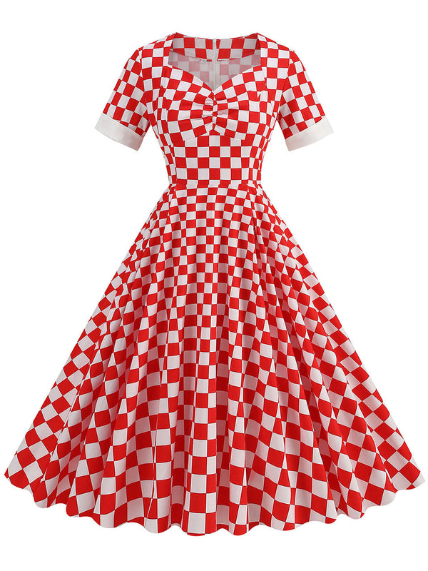 Red Checkerboard Sweet Heart Audrey Hepburn Style Cocktail Swing Dress