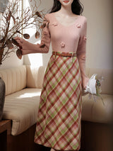 2PS Pink V Neck Sweater And White Straight Skirt Vintage outfit