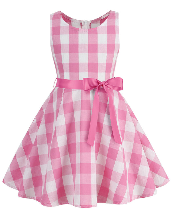 Kids Little Girls' Dress Pink And White Plaid  Barbie Retro Swing Dress