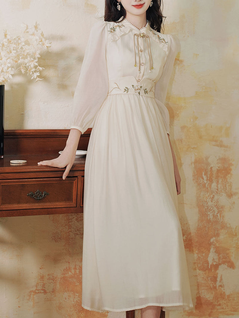 Apricot Embroidered Long Sleeve Vintage Dress with Belt