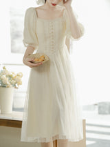 Apricot Lace Square Neck Beaded Retro Dress with Lantern Sleeves