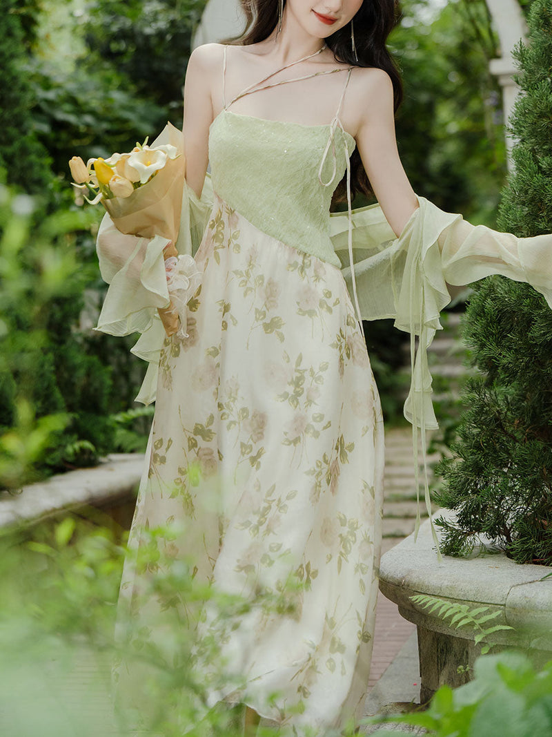 Green Bohemian Floral Print Chiffon Maxi Dress Prom Dress With Chiffon Cardigan