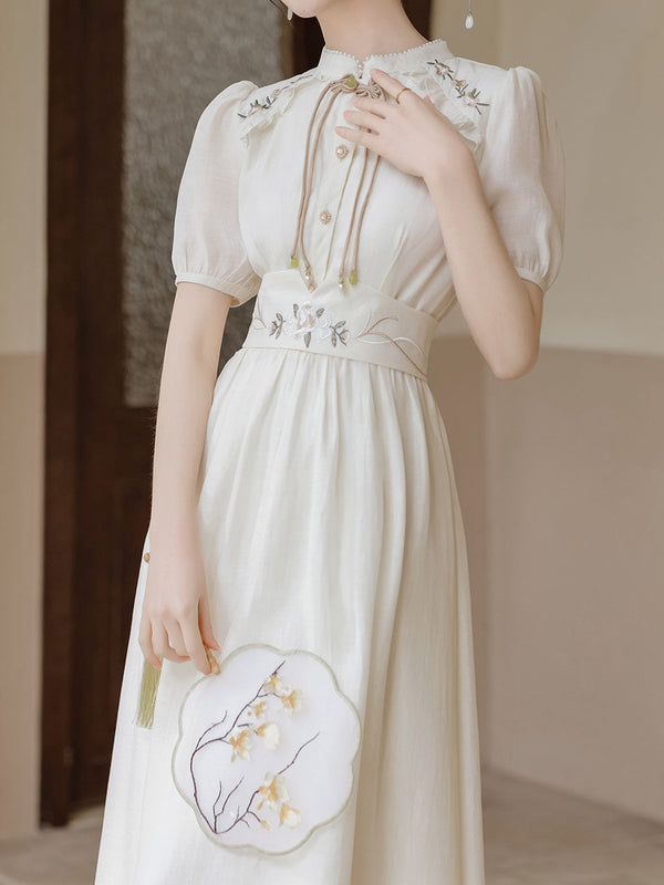 Apricot Embroidered Short Sleeve Vintage Dress with Belt