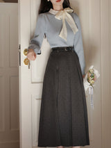 2PS Blue Bow Sweater And White Swing Skirt Vintage outfit