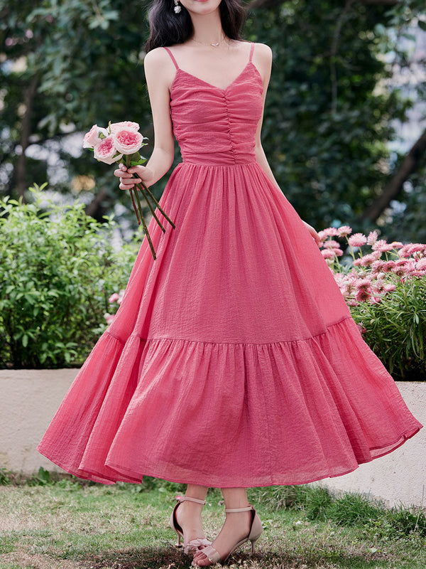 Pink Solid Color Spaghetti Strap Vintage Swing Holiday Maxi Dress