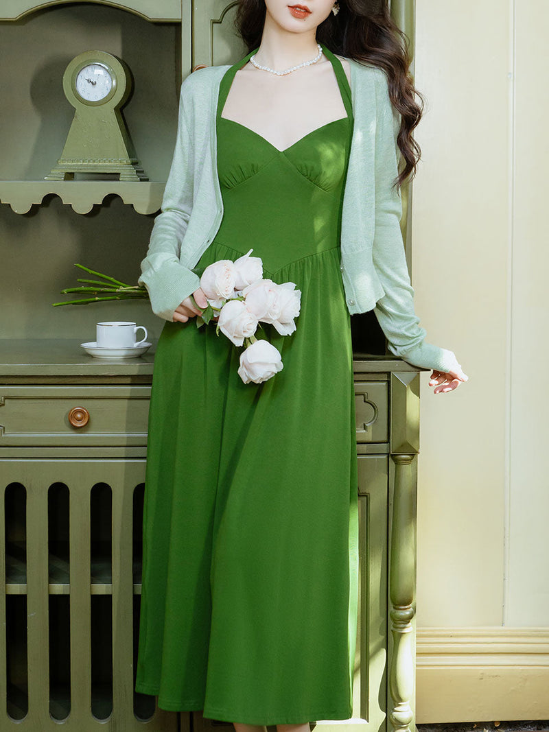 Green Halter Backless Vintage Dress Prom Dress With Short Cardigan