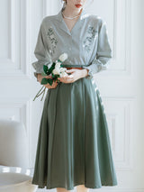 2PS Green V Neck Long Sleeve Shirt And  Swing Skirt 1950S Dresss Set