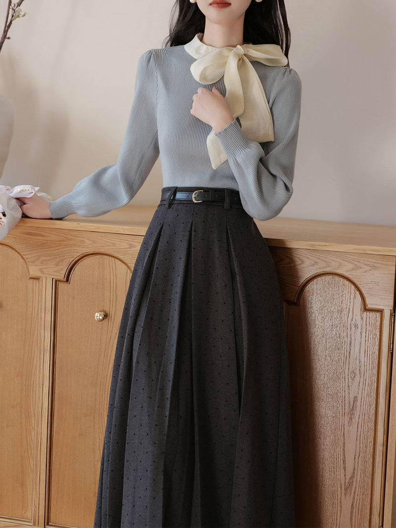 2PS Blue Bow Sweater And White Swing Skirt Vintage outfit