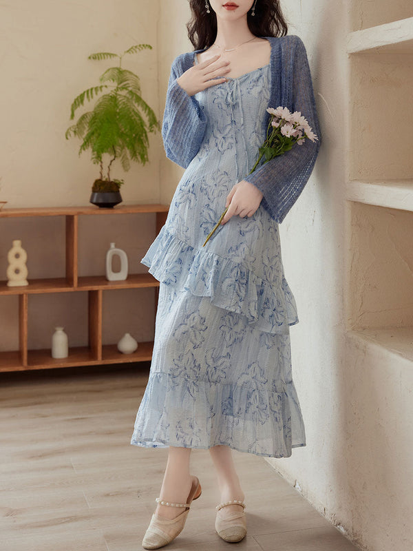 2PS Blue Floral Print Spaghetti Strap Dress With Blue Shawl Dress Suit