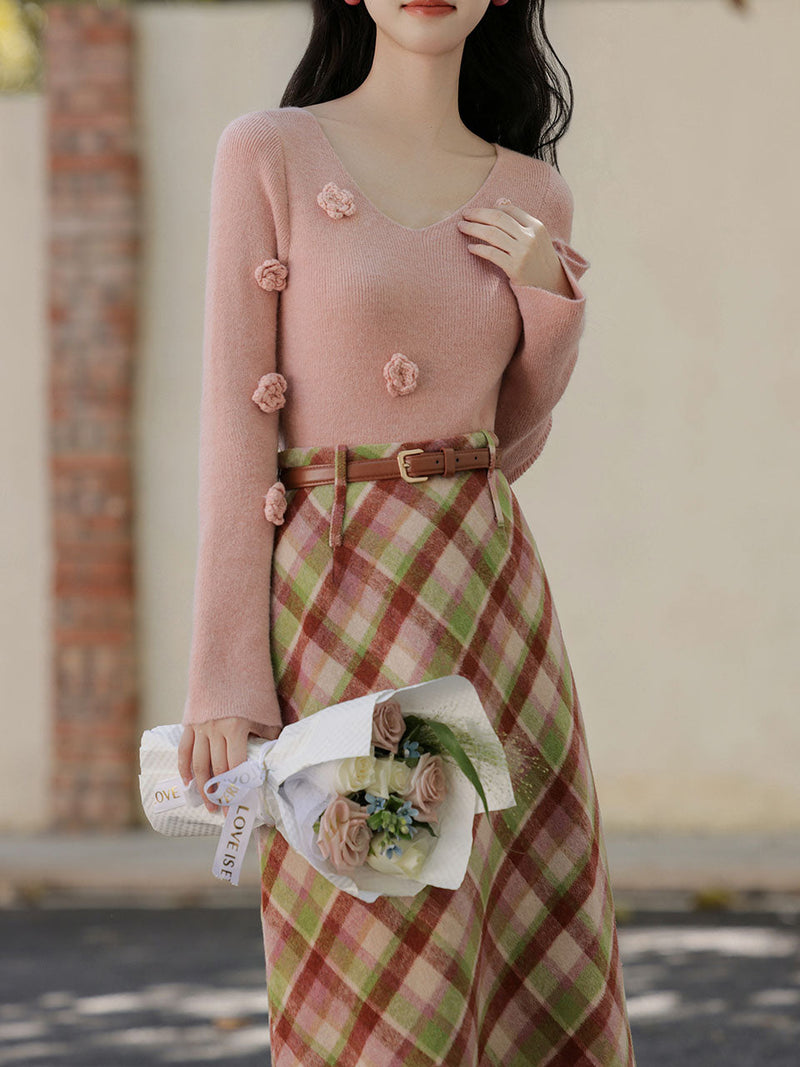 2PS Pink V Neck Sweater And White Straight Skirt Vintage outfit