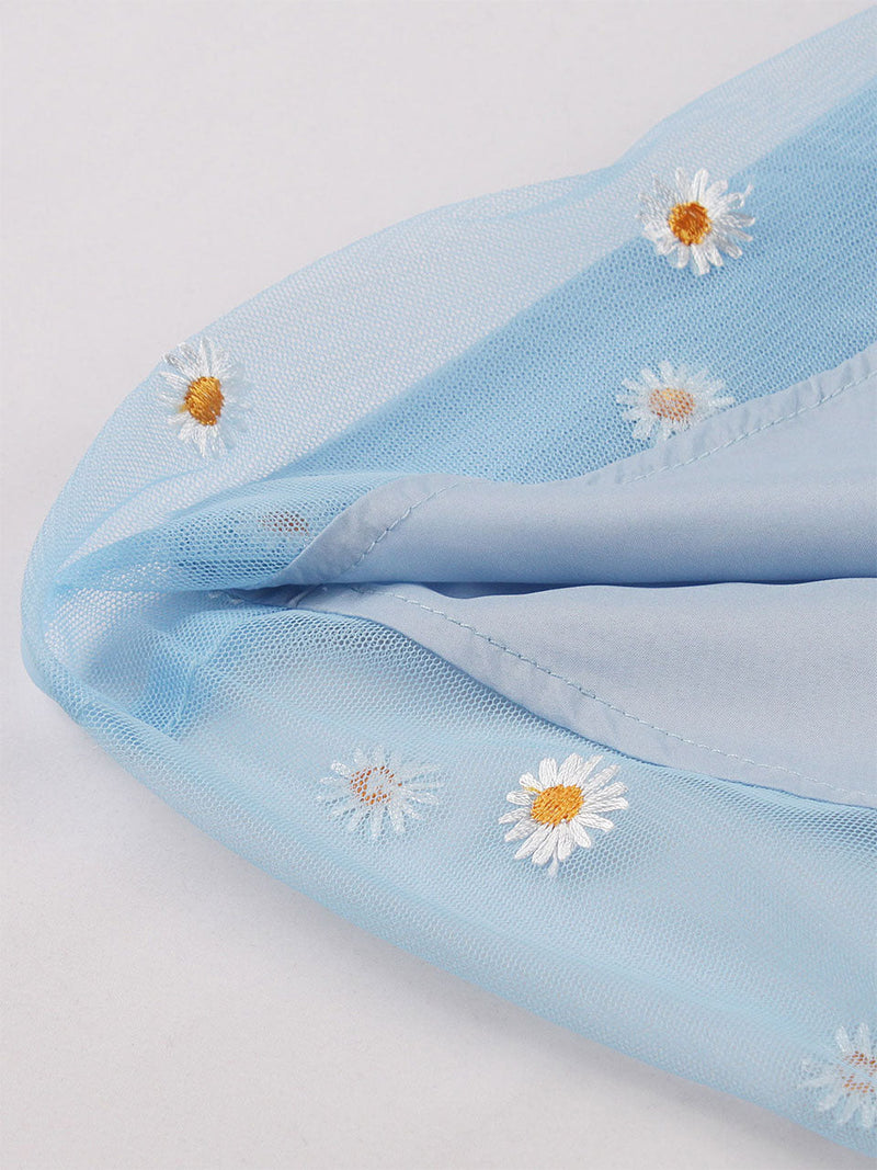 Blue Daisy Puff Sleeve Smocking 1950S Vintage Dress