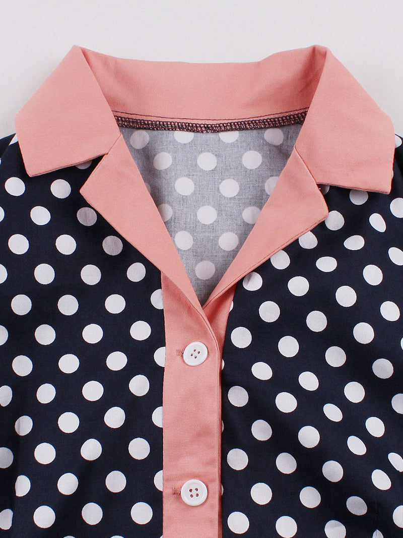 1950S Turndown Collar Polka Dots Short Sleeve Vintage Dress