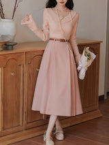 2PS Pink Rose V Neck Sweater And Swing Skirt Vintage outfit