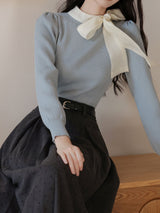 2PS Blue Bow Sweater And White Swing Skirt Vintage outfit