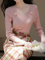 2PS Pink V Neck Sweater And White Straight Skirt Vintage outfit