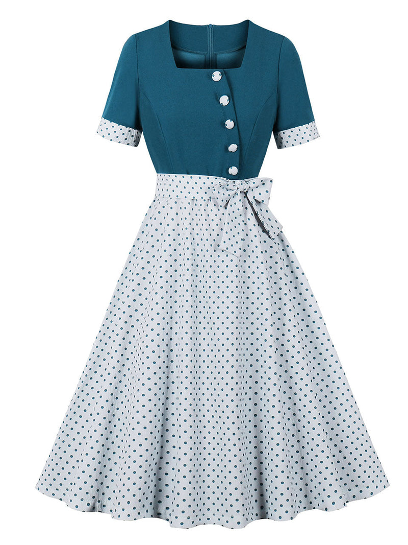 Lake Blue Square Neck Polka Dot Bow Vintage Swing Dress